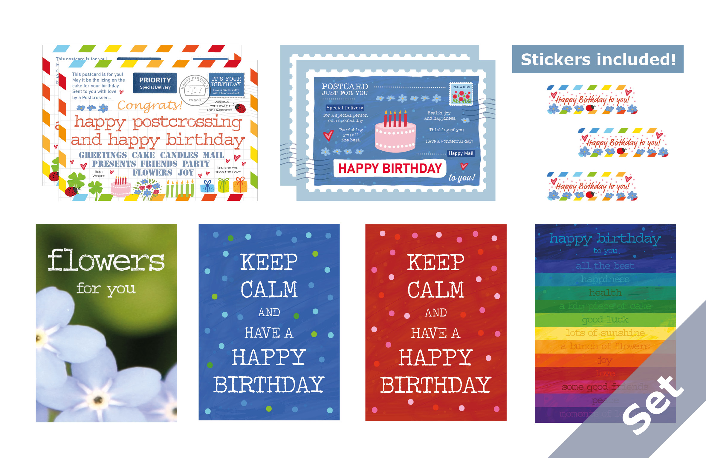 Happy Birthday to go - Set 8 postcards plus stickers