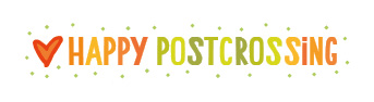 S* Sticker Happy Postcrossing orange grün mit Herz 5er