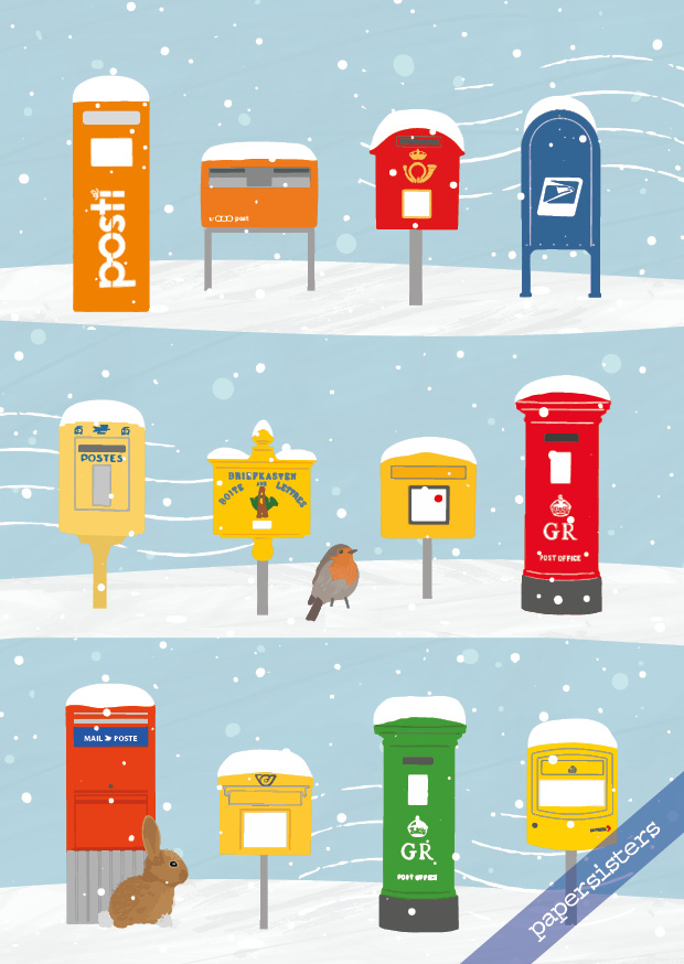 papersisters-Postkarte-Postkarte-Briefk-sten-im-Schnee-Mailboxes-in-Snow