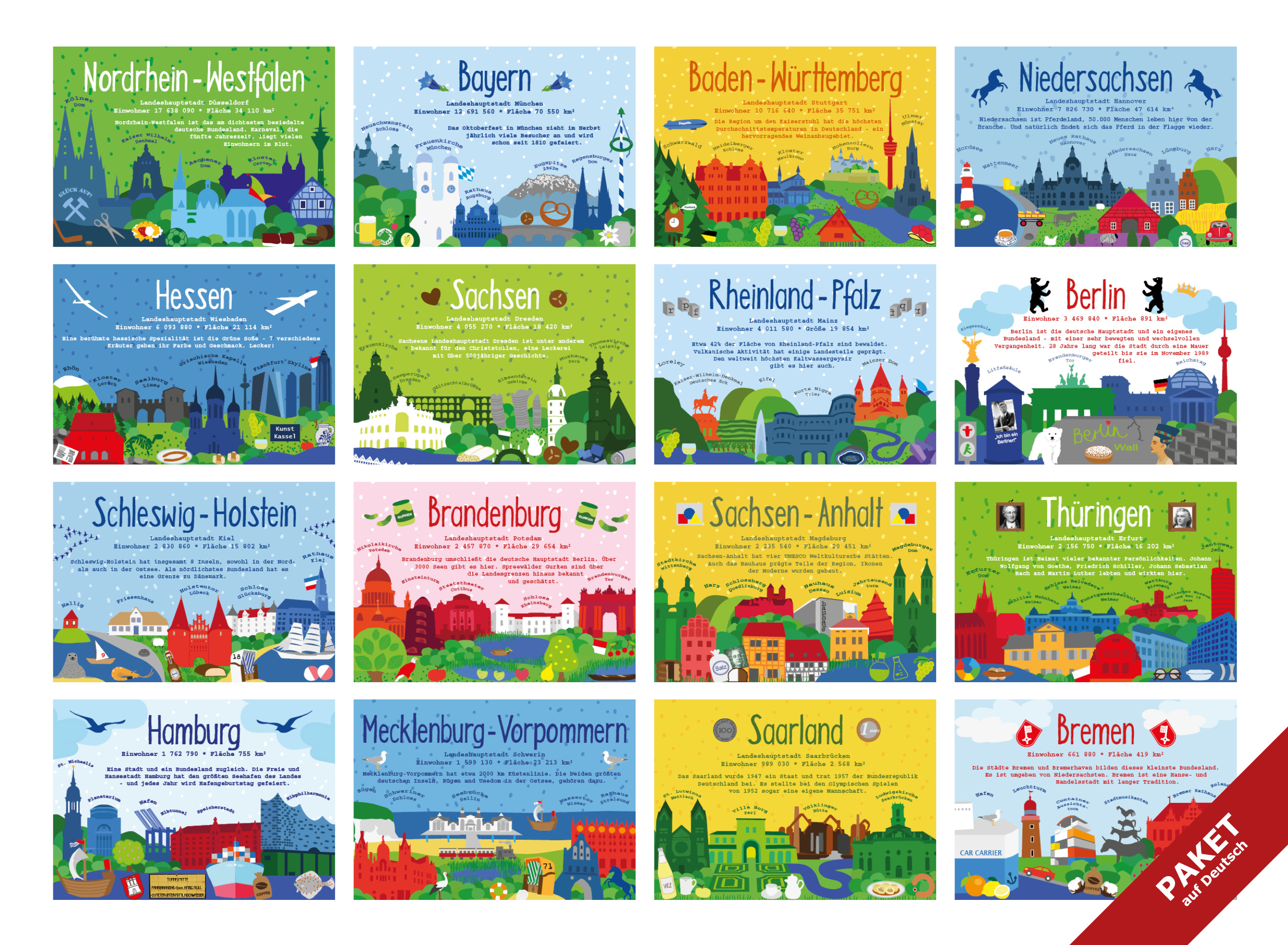 Postcard Set - all 16 State Cards in German - German Landmark Series
