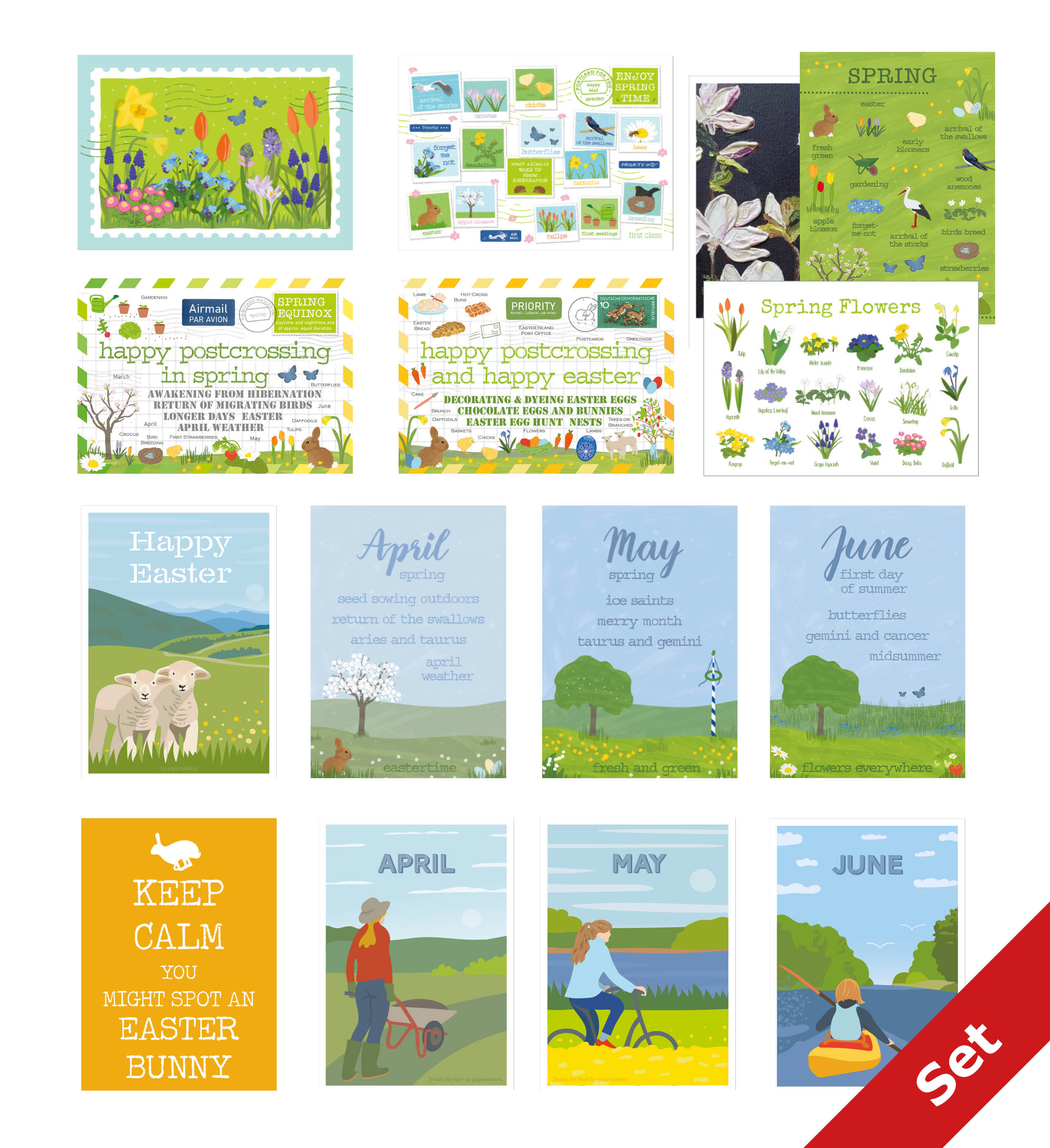 Hello Spring - Buntes Postkarten Set 15 Karten