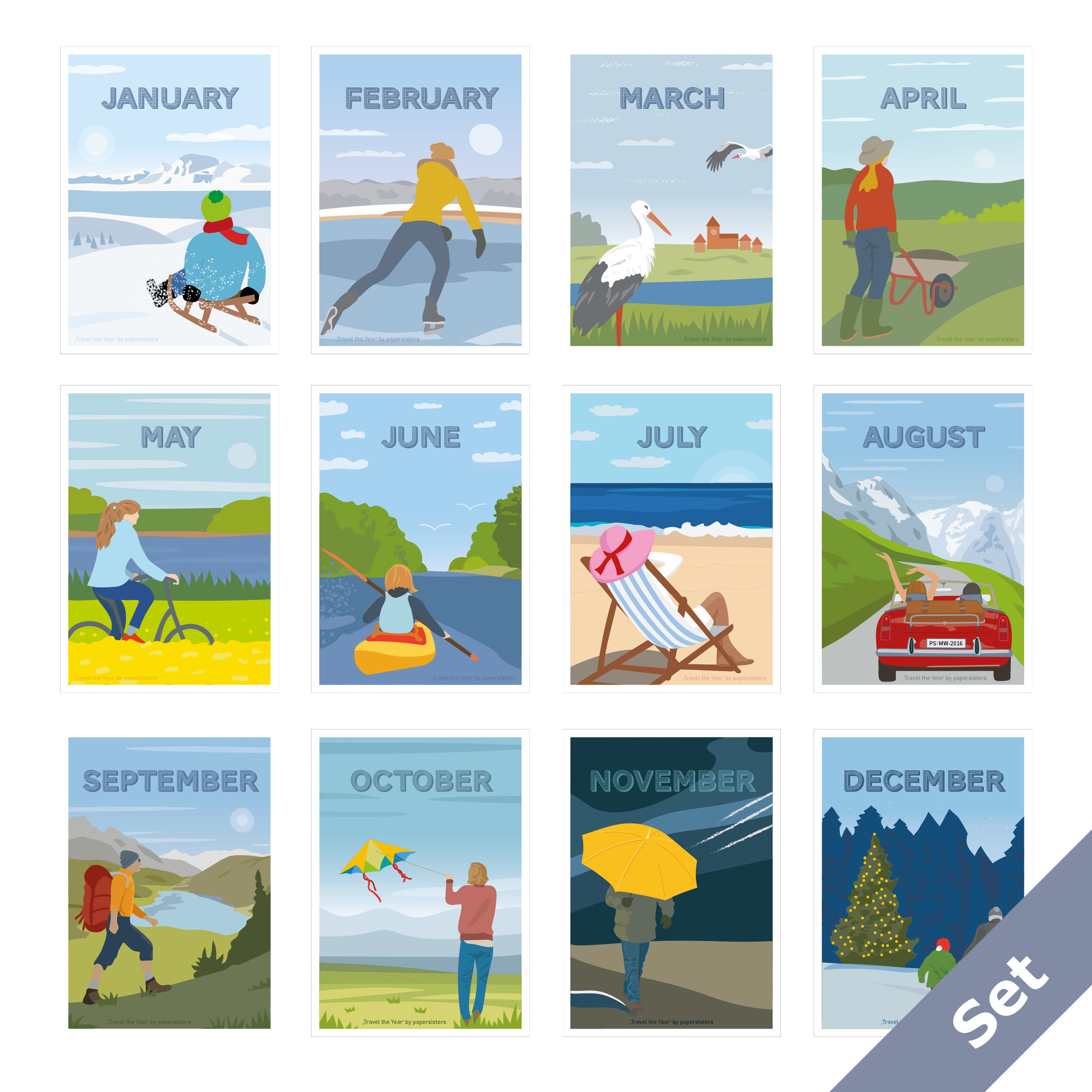 Travel the Year - Set of 12 months postcards