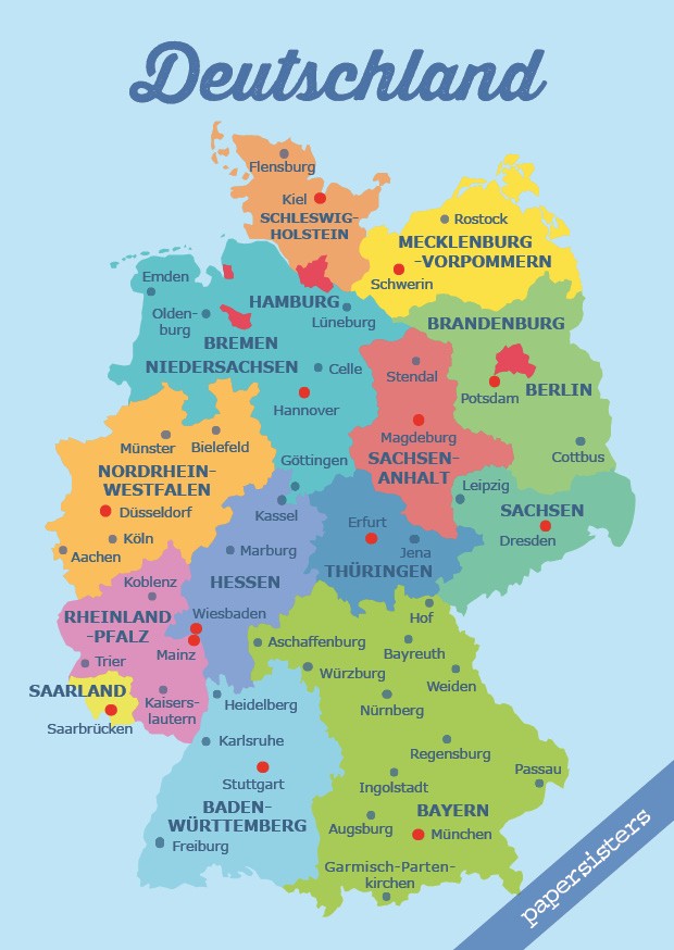 Die Bundesländer Von Deutschland Und Ihre Hauptstädte Postkarte Die deutschen Bundesländer
